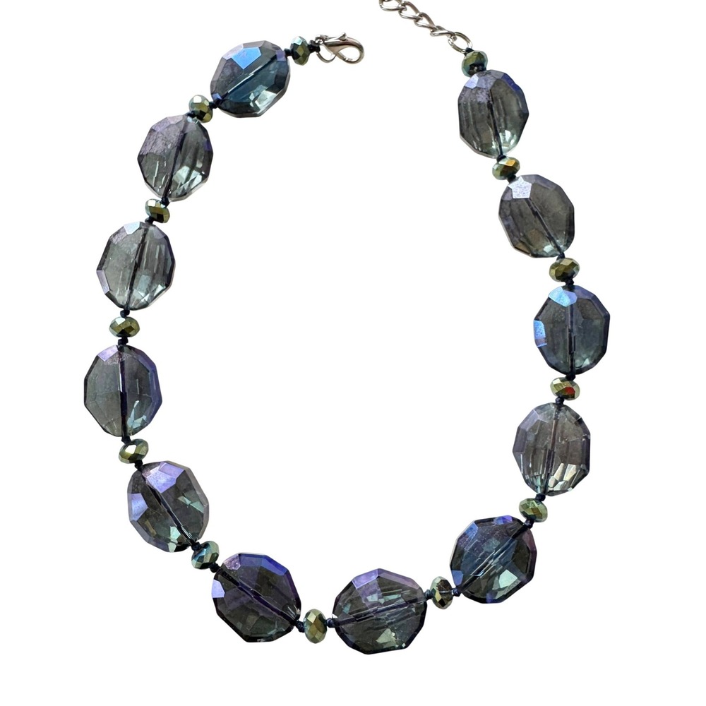 Iridescent Blue Purple Faceted Glass Bead Chunky Statement Necklace Adjustable